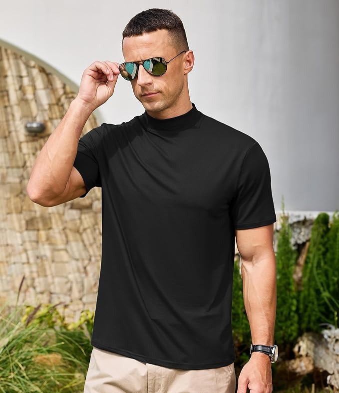 Men’s Solid Short Sleeve Mock Neck Slim Fit Casual T-Shirts