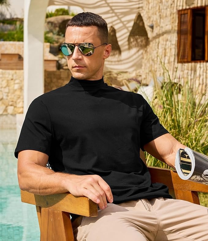 Men’s Solid Short Sleeve Mock Neck Slim Fit Casual T-Shirts