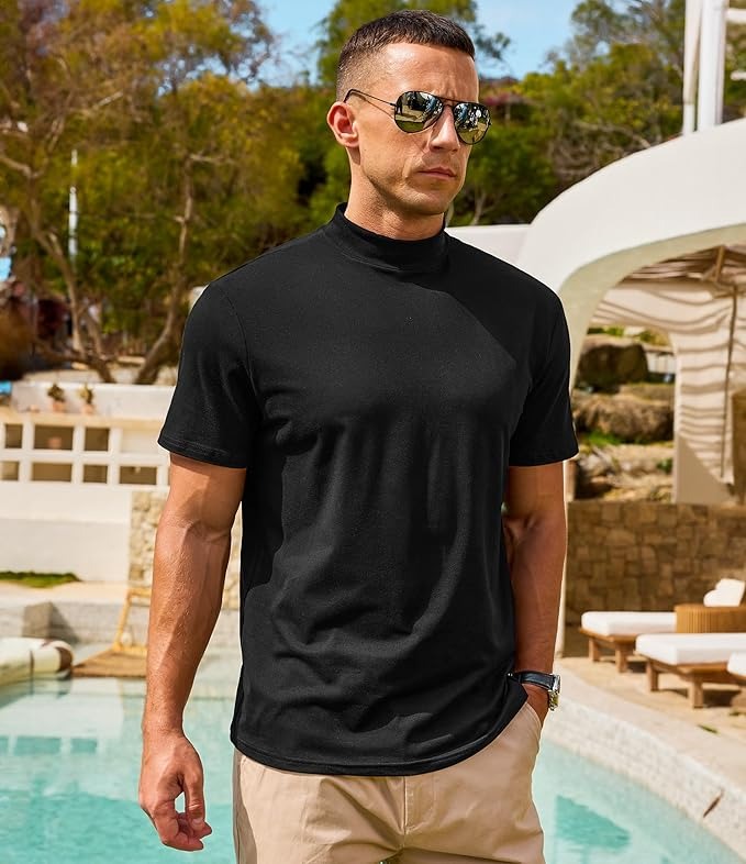 Men’s Solid Short Sleeve Mock Neck Slim Fit Casual T-Shirts